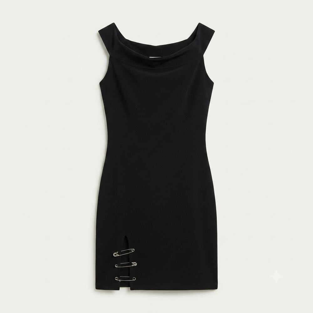 Luna Luz II Womens M Vintage 90s Goth Punk Safety Pin Slit Black Bodycon Dress